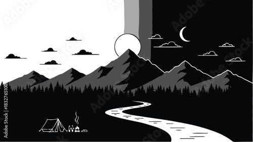 Day and Night Camping Adventure in Mountain Landscape Silhouette Vector