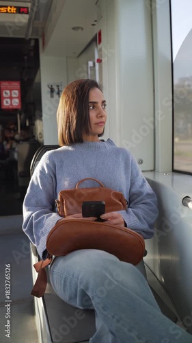 Hispanic young woman commuting on a train while using her smartphone