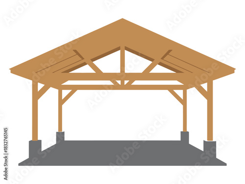 An exposed wooden roof structure rests on concrete pillars, showcasing architectural design.