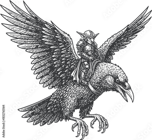 Raven bird silhouette with open wings in flight isolated on transparent background