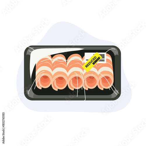pork slice rolled pork raw meat packaging in food tray with reduced label for grocery and cooking use