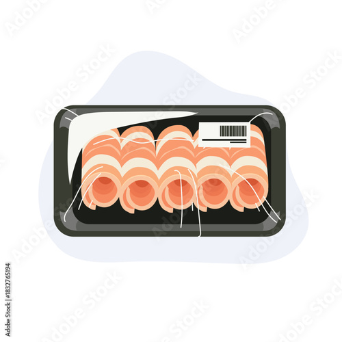 rolled pork slice thin sliced meat in grocery style food packaging with plastic wrap and barcode label