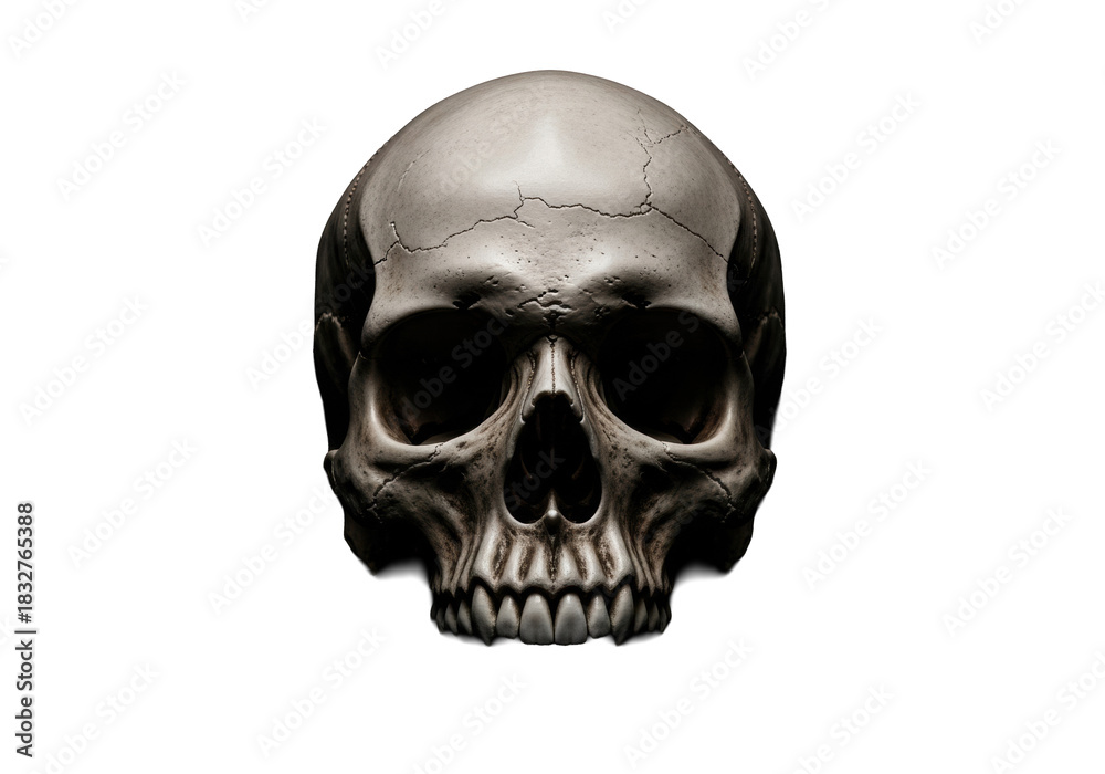 Obraz premium Weathered human skull with intricate texture, pores, cracks, prominent teeth, front view, on pure deep black, dramatic low-key lighting, dark copy space, memento mori concept