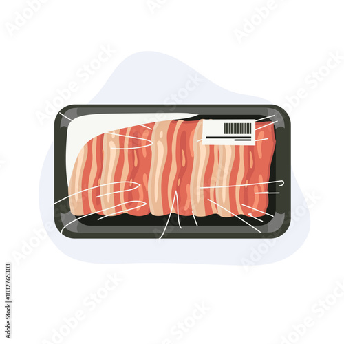 raw pork belly sliced and packed in a plastic tray with barcode