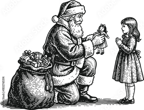 Santa Claus kneeling and giving a present to a young girl silhouette illustration