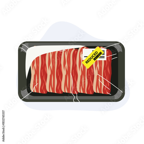 sliced beef raw meat in plastic wrapped tray showing reduced price label for grocery store and food retail scene