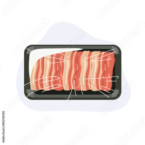 raw pork belly slices packaged in cling wrapped tray for butcher shop grocery shopping and culinary ingredient use