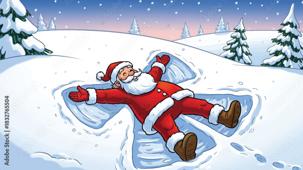 Naklejka premium Santa Claus delights in winter wonderland fun making snow angels under a serene sky with falling snowflakes, a festive and joyful holiday season scene