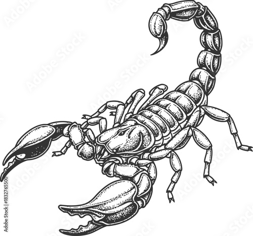 Scorpion illustration with a menacing posture and curled tail on a dark background