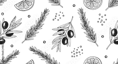 Seamless pattern featuring olive branches, rosemary, and citrus slices on a dark background