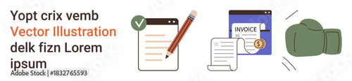 Business tasks, financial management, invoicing, productivity, organization, conflict resolution. Icons include a checklist, invoice documents pencil and boxing glove. Business tasks and financial