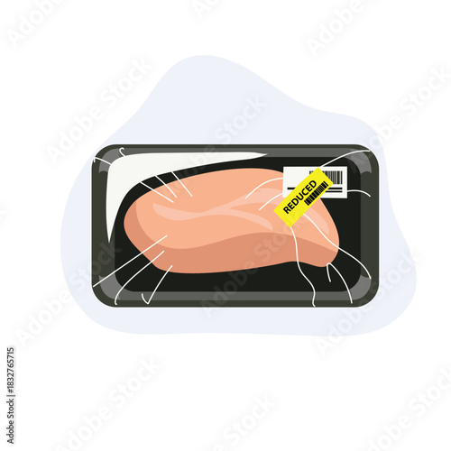 Raw Chicken Breast in Sealed Plastic Tray with Discount Label for Grocery Store and Budget Shopping