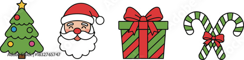 A charming horizontal set of four classic cartoon Christmas icons: a decorated Christmas tree, Santa Claus's face, a striped gift box, and two crossed candy canes.