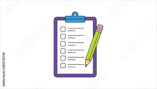 Purple clipboard with blue clip and green pencil showing checklist with empty boxes and lines writing