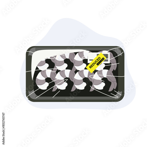 fresh seafood prawns in plastic wrapped tray with reduced price tag ideal for grocery store