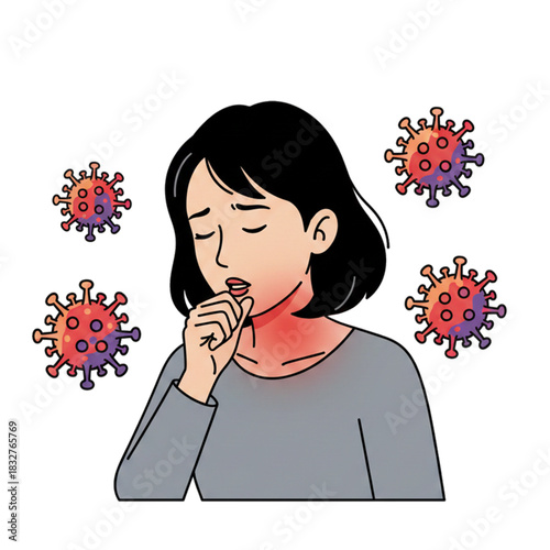 a sick woman coughing with an illustration of viruses around her. isolated on a white background