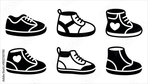 Six black and white graphic icons of children's shoes with laces and heart details footwear kids