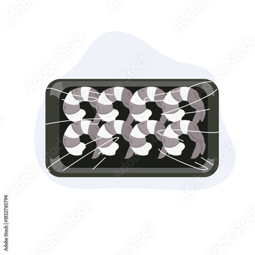 shrimp raw shrimp seafood packaging on black tray wrapped in plastic film top view