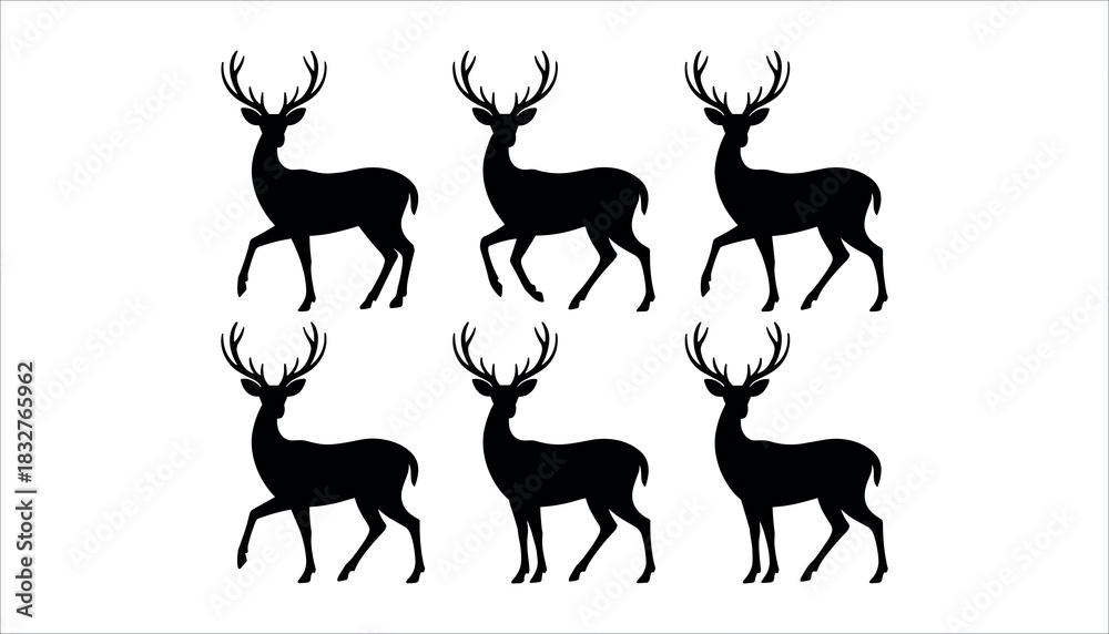 Fototapeta premium Six black deer silhouettes with antlers on a white background vector