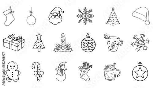 Minimal Christmas Line Art Icon Set on Transparent Background – Modern Holiday Doodle Collection. Modern Christmas line art icon set featuring Santa, gifts, snowflakes, bells and ornaments.