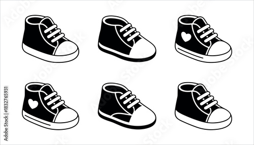 Six black canvas high top sneakers with white laces and soles on a white background shoe footwear
