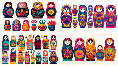 A cheerful collection of matryoshka dolls decorated with bright folk patterns and floral motifs, showcasing traditional cultural charm in vibrant artistic designs.