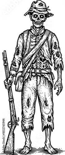 silhouette of a soldier standing with a rifle in a vintage military uniform and helmet.