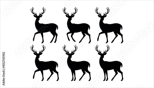 Six black deer silhouettes with antlers on a white background vector