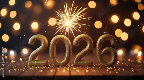 Silvester Sylvester 2026 New year New Year's Eve Party background banner panorama illustration - Abstract gold firework fireworks on dark green texture with bokeh lights