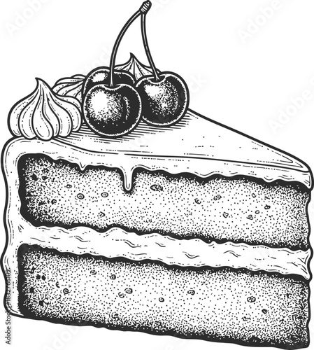 Slice of cake with frosting and two cherries on top isolated on transparent background