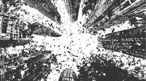 Black and white abstract view looking up at abstract buildings with textured sky architecture city