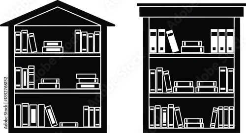 Black and white silhouette illustration of two bookshelves full of books