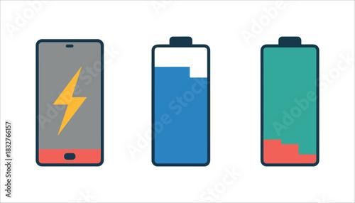 Smartphone with lightning bolt and two battery level indicators power energy