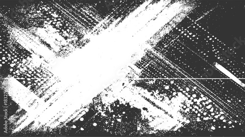 Black and white abstract textured background with diagonal brush strokes and speckled patterns grunge