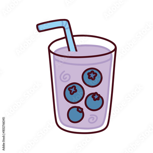 A glass of cold purple blueberry drink with ice cubes and a straw. A refreshing summer fruit cocktail or juice beverage to quench thirst.