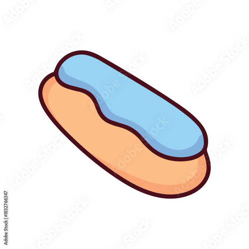 A long eclair pastry covered in smooth light blue blueberry glaze. A classic French bakery dessert or cream puff treat for coffee breaks.