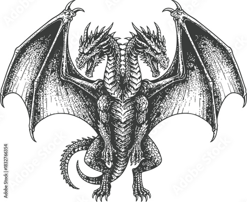Three-headed dragon silhouette with outstretched wings and powerful body