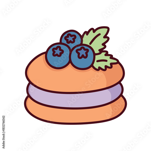 A round sandwich cookie or whoopie pie filled with purple cream and topped with blueberries. A sweet bakery pastry snack for tea time.
