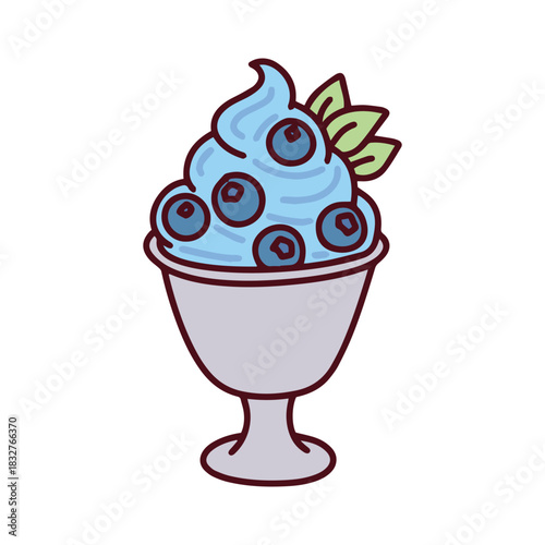 An elegant glass cup filled with swirled blueberry soft serve ice cream and berries. A fancy frozen dessert parfait perfect for a cafe menu.