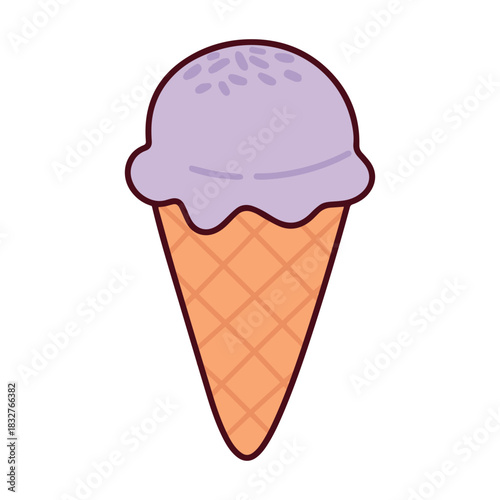 A purple soft serve ice cream scoop in a crispy waffle cone. A simple and refreshing frozen berry dessert for hot summer days.