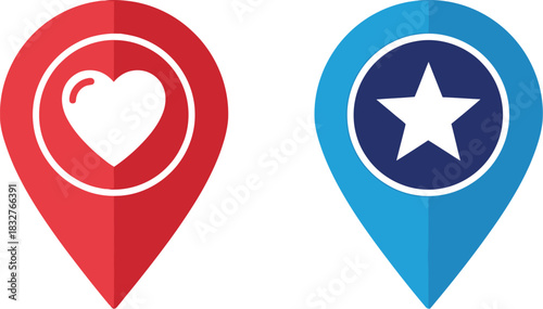 Red heart and blue star location pin icons on white background