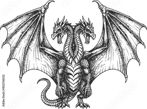 Two-headed dragon silhouette with large wings and long tail on black background