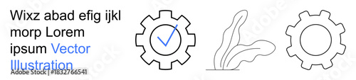 Validation concepts, industrial processes, approval mechanisms, ecological ideas, minimalism, abstract . Two gear shapes with a checkmark and a simple abstract plant design. Validation and industrial