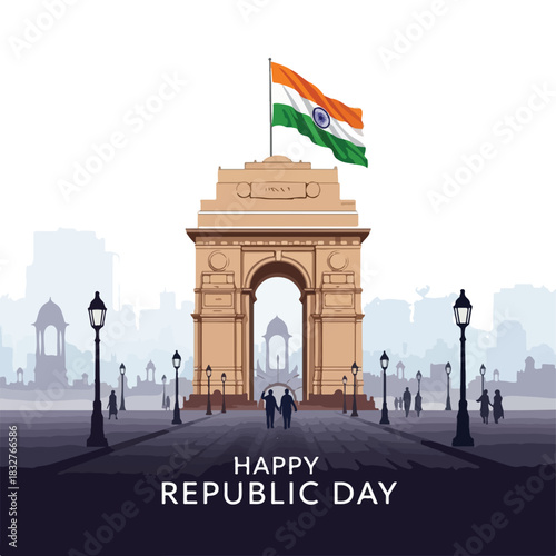 Happy Republic Day of India Greeting with the Iconic India Gate and Flag