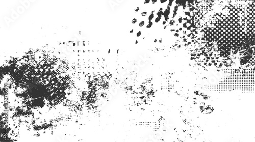 Black ink splatters and halftone dots on white textured background grunge abstract