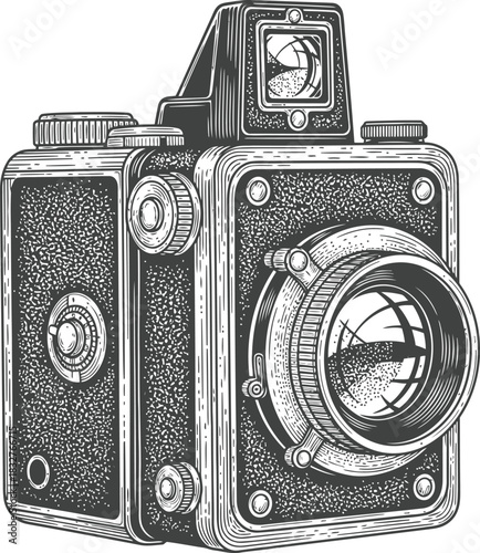 Vintage film camera outline in dark gray on solid black background for photography