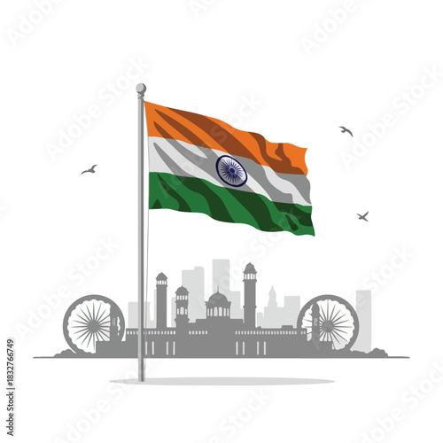 India's Flag Flying High Over Iconic Indian Landmarks and Cityscape Silhouette, republic day.