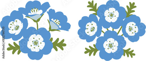 Two bouquets of stylized blue flowers on a white background