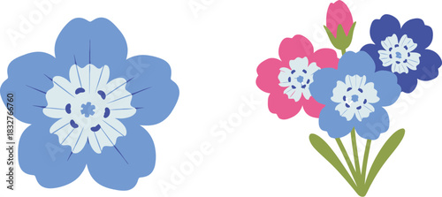 Stylized forget me not flowers in blue and pink on white background