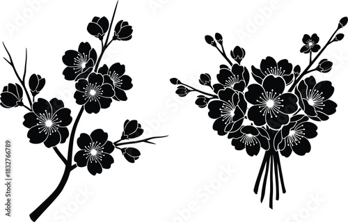 Elegant cherry blossom branches and bouquet in black and white silhouette